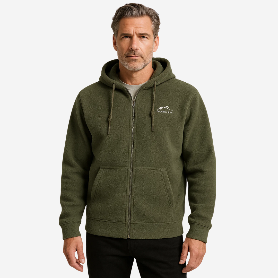 Warm men's full-zip hoodie, an essential for outdoor activities and everyday comfort in cool weather.