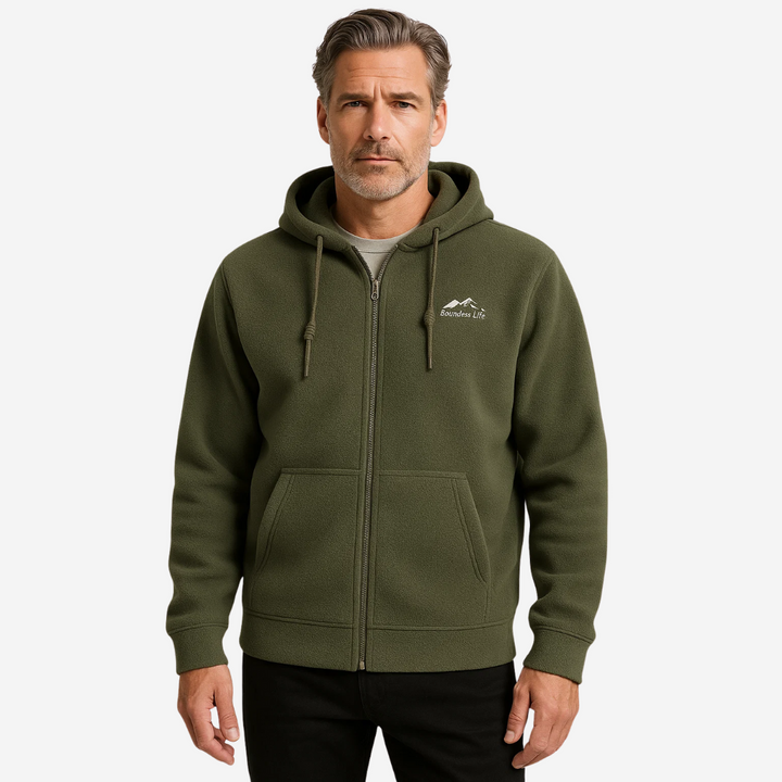 Warm men's full-zip hoodie, an essential for outdoor activities and everyday comfort in cool weather.