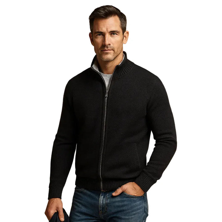 Close-up of a men's full-zip stand collar cardigan, highlighting the quality fabric and zippered details.