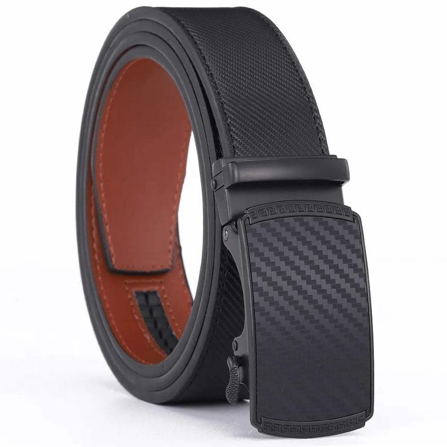 Close-up of a men's genuine leather slide belt, showcasing adjustable ratchet mechanism and smooth texture.