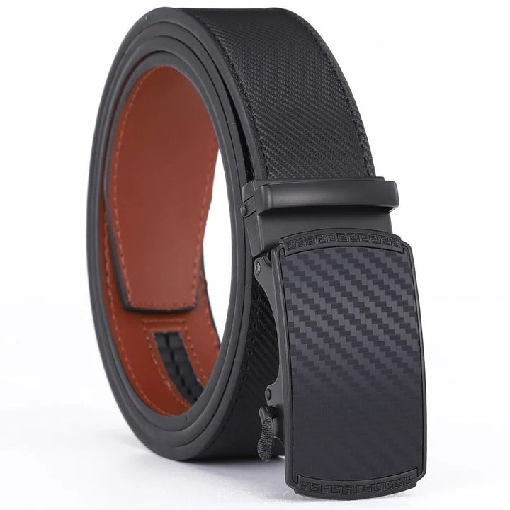 Close-up of a men's genuine leather slide belt, showcasing adjustable ratchet mechanism and smooth texture.
