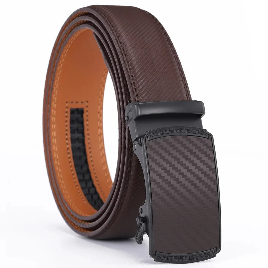 Stylish men's automatic slide belt with a polished metal buckle, made from genuine leather for a perfect fit.