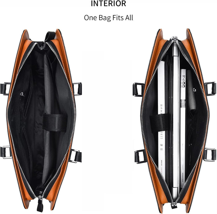 Professional men's leather laptop bag with multiple organized pockets.