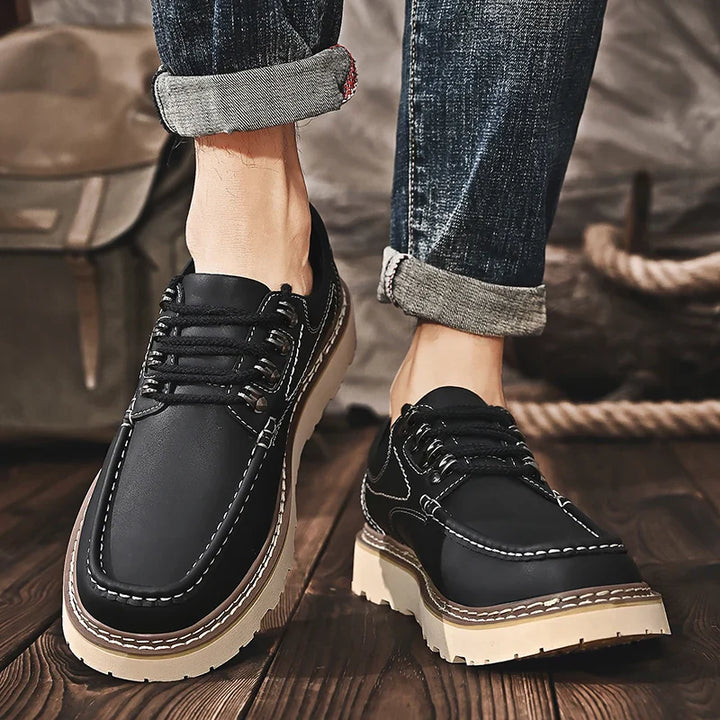 Back view of classic black men's leather walkers, emphasizing heel support, durable shoes