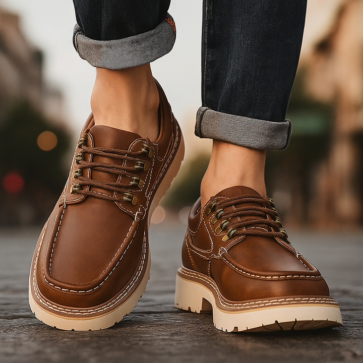 Pair of genuine leather men's walkers in rich brown, top-down view, durable casual shoes
