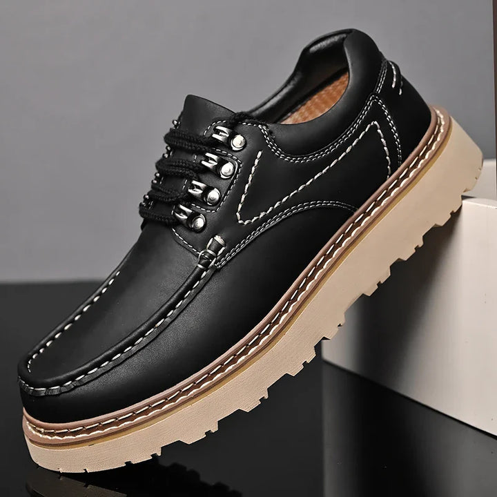 Model wearing rich brown genuine leather casual walkers, showcasing everyday style