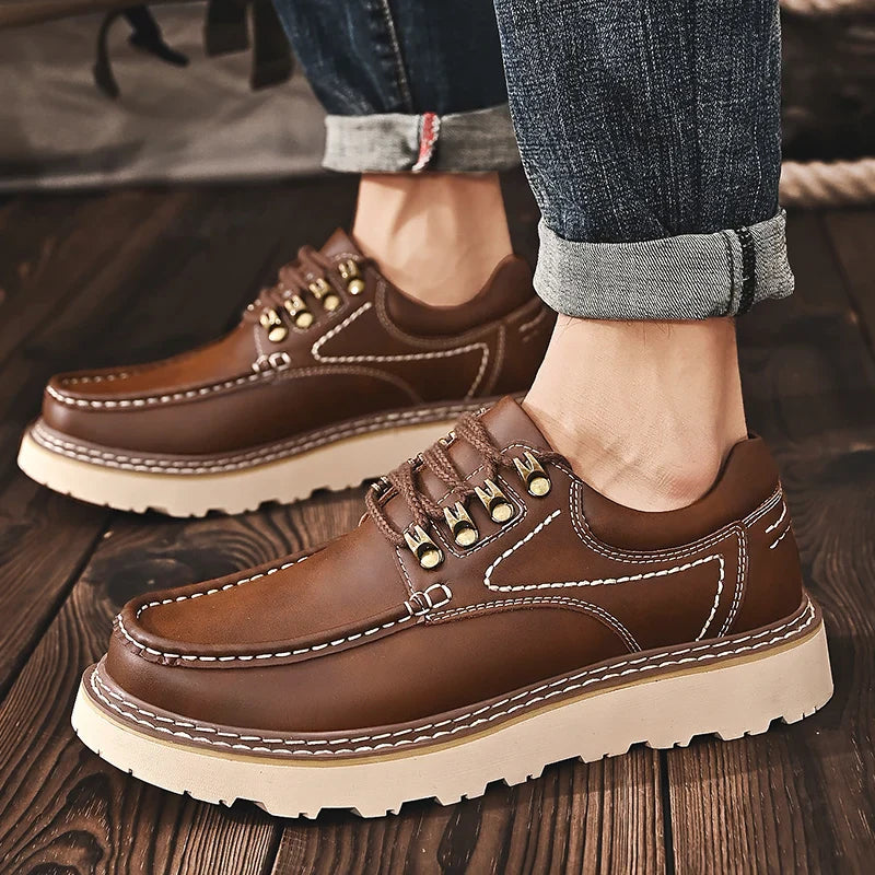 Close-up of the stitching and craftsmanship on a rich brown leather casual walker