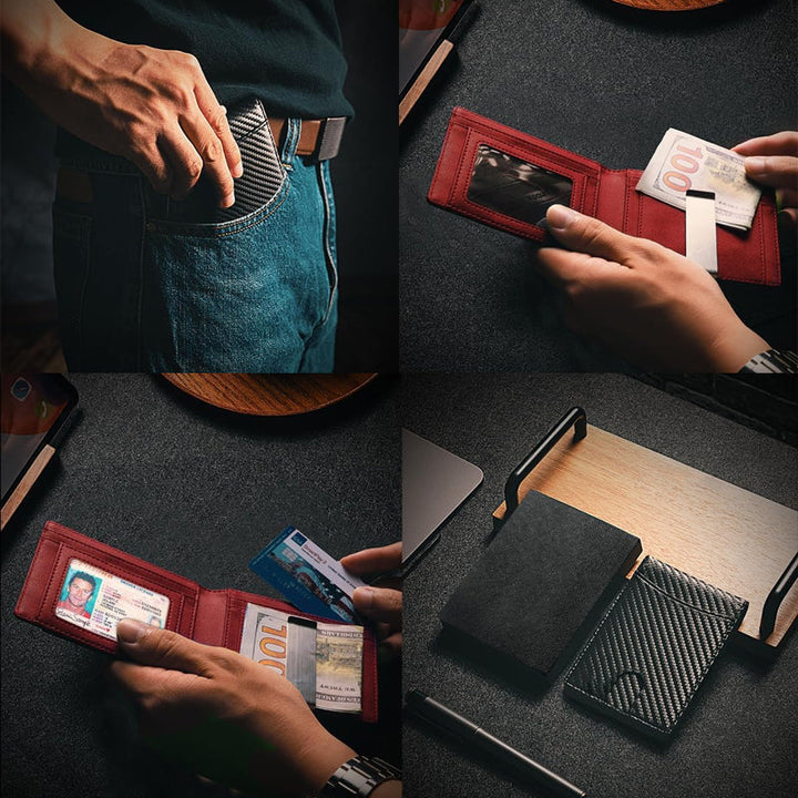 Side view of a thin men's leather wallet, RFID secured, suitable for card storage