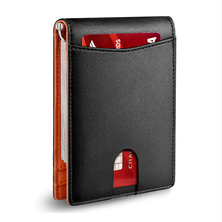 Distressed look genuine leather men's RFID wallet, unique texture, slim build