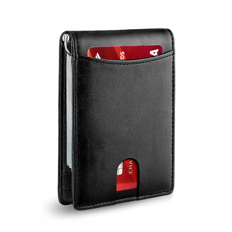 A stack of cards neatly organized in a men's RFID blocking leather wallet
