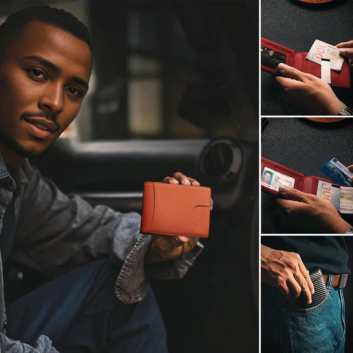 Brown men's leather RFID blocking wallet, front pocket style, anti-theft