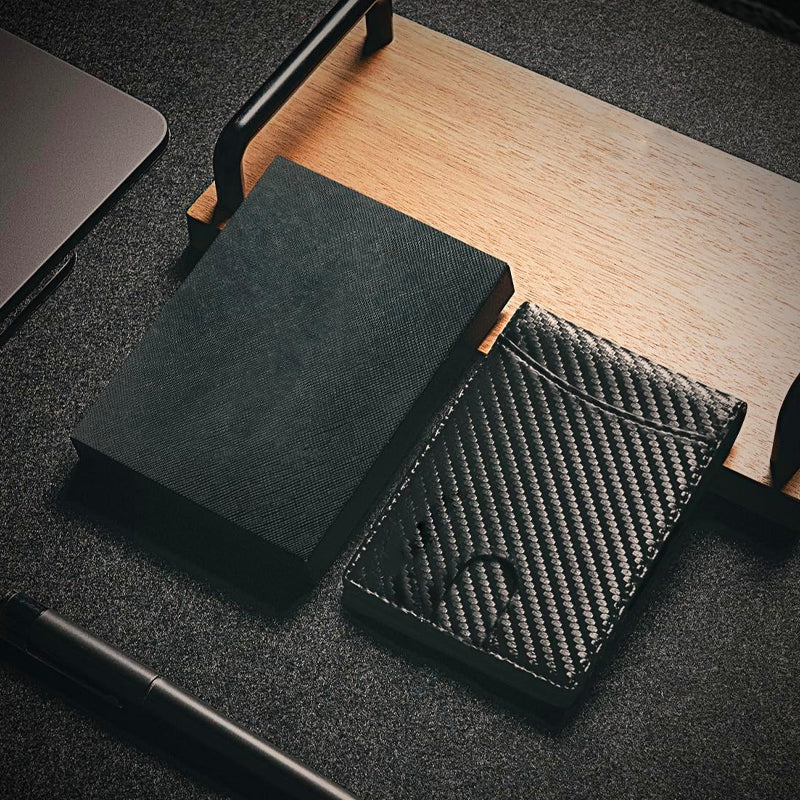 Close-up of a minimalist leather wallet for men, RFID protected, card slots visible