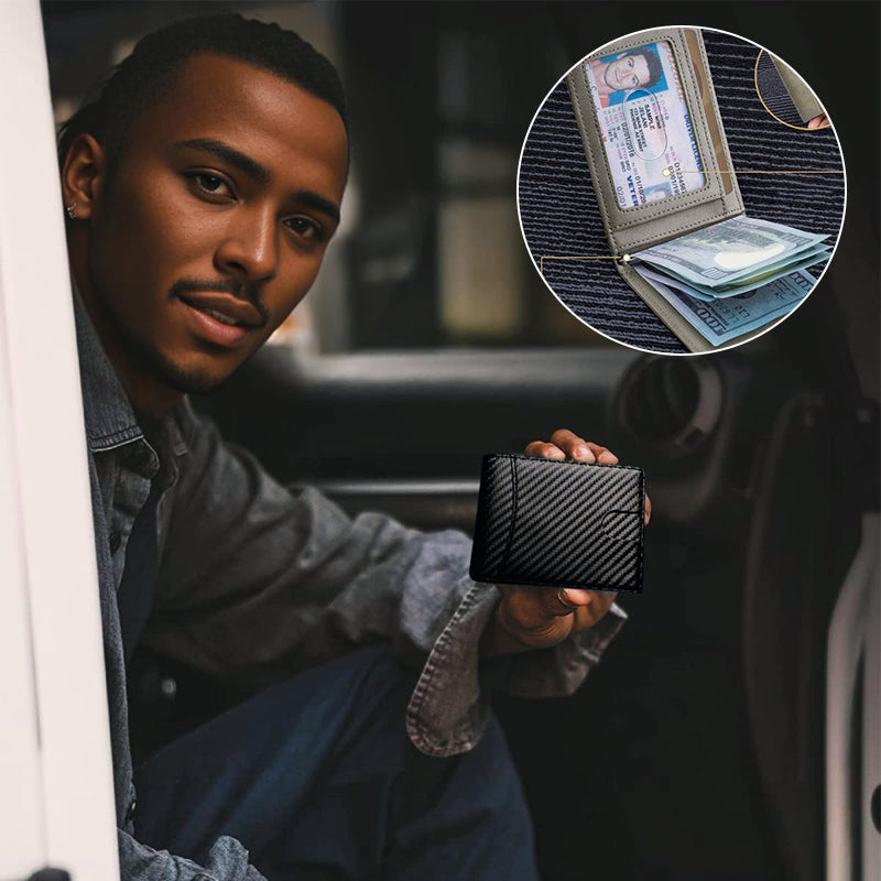 Front view of a dark brown men's RFID wallet, genuine leather, compact design