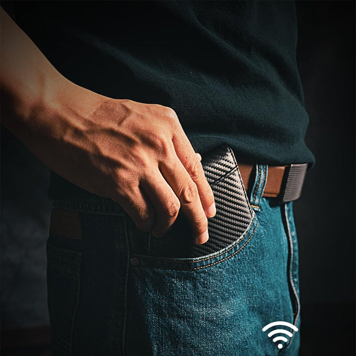 Open men's leather card holder, showing interior slots, RFID blocking feature