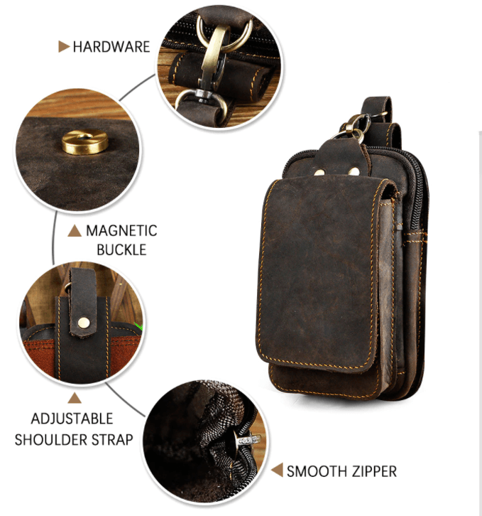 Compact genuine leather men's waist pack, organizing daily essentials securely.