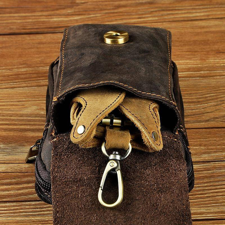Modern men's genuine leather waist bag, a secure accessory for urban exploration.