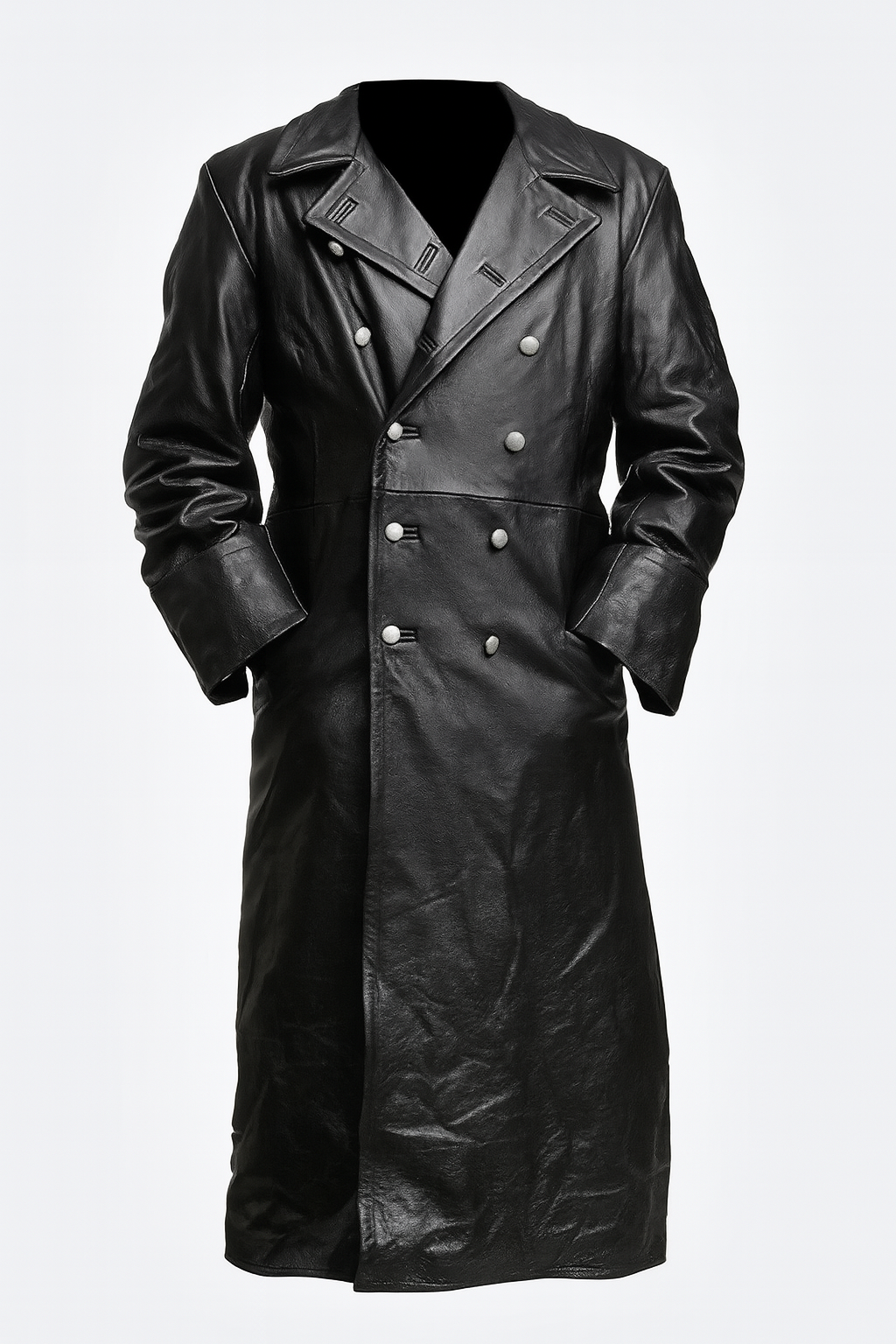 Men's Gothic military style black trench coat, double-breasted long outerwear for fall/winter fashion.