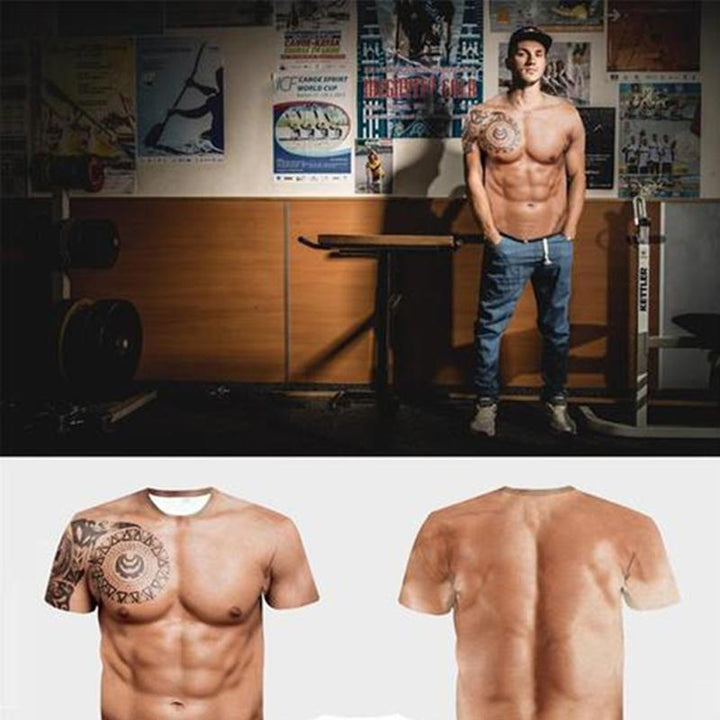 Polyester graphic muscle print t-shirt for men, humorous costume top, short sleeve