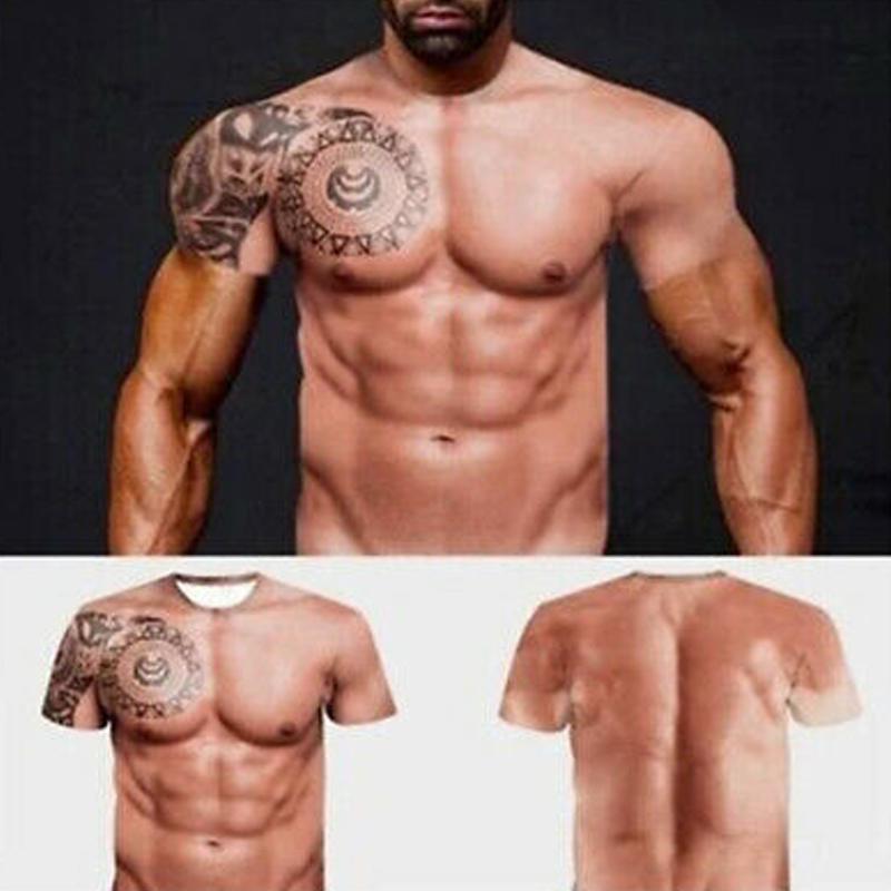 Close-up of men's graphic muscle print t-shirt, detailed 3D abs, funny shirt