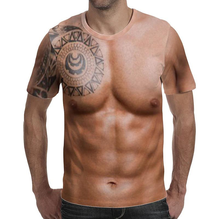 Men wearing a funny graphic muscle print t-shirt, realistic bodybuilder design, polyester