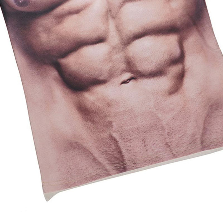 Dynamic shot of a men's graphic muscle print t-shirt, realistic abs for a fun look
