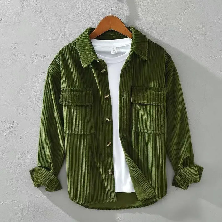 Stylish man wearing a men's ribbed corduroy overshirt over a t-shirt, casual outerwear