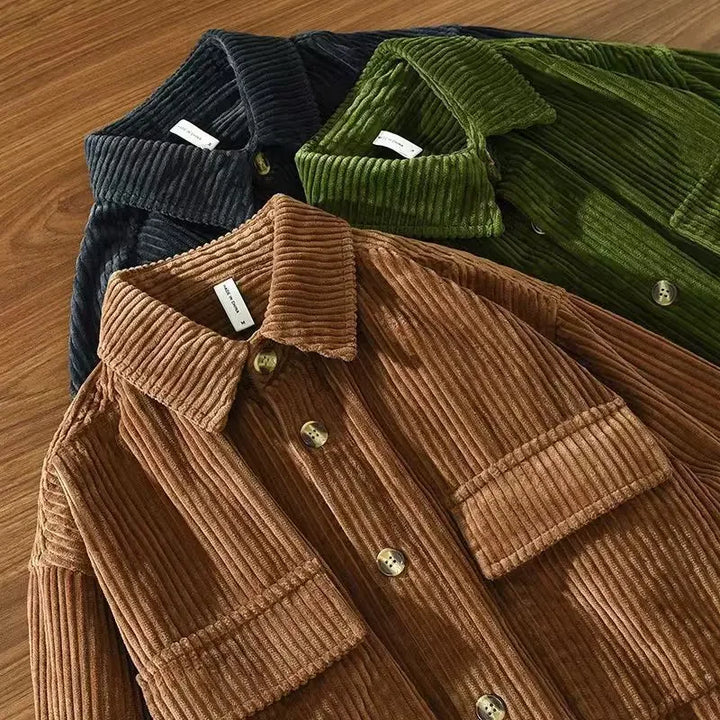 Back view of a men's oversized ribbed corduroy overshirt, perfect for layering