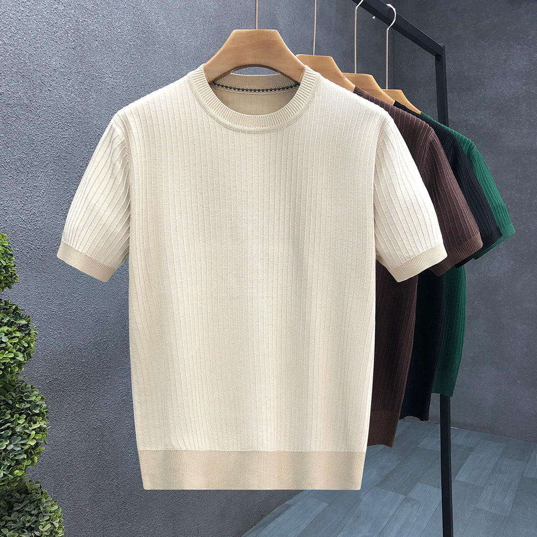 Beige men's ribbed crewneck long sleeve shirt, perfect for effortless everyday fashion & comfort.