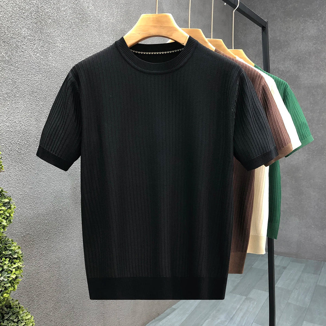 Black men's ribbed crewneck top, a long sleeve casual shirt for modern men's everyday style.