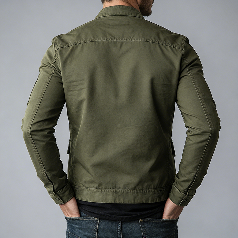 Comfortable men's green mid-season jacket. Features a stylish stand collar, front zipper, & deep pockets for essentials.