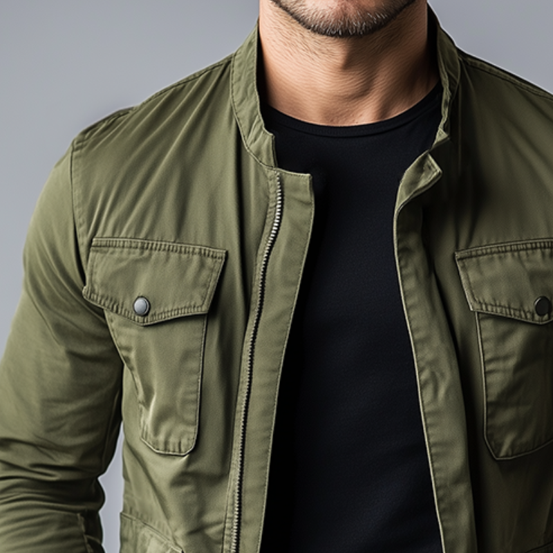 Vintage-style men's green zipper jacket. Stand collar, multiple pockets. Perfect casual mid-season outerwear.