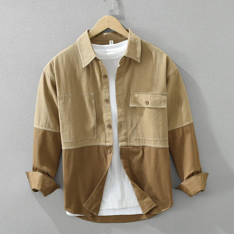 Khaki utility overshirt for men, a versatile layering top with a relaxed fit. Ideal casual outerwear for men's fashion.