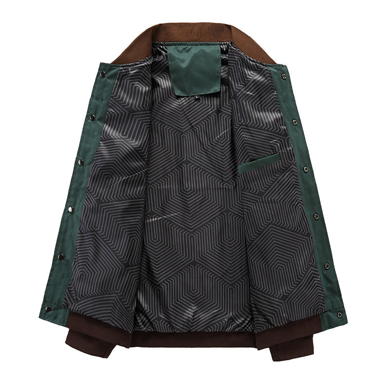 Detail of ribbed collar and cuffs on men's vintage lightweight green bomber jacket.
