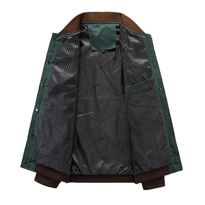 Detail of ribbed collar and cuffs on men's vintage lightweight green bomber jacket.
