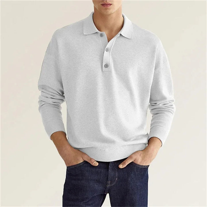 Men's versatile long sleeve polo shirt. Collared smart casual top for various occasions, a key men's clothing item.