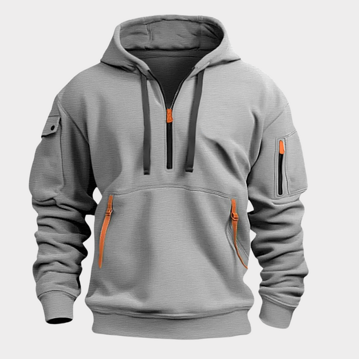 Men's half-zip hoodie with adjustable collar, perfect for casual wear and daily comfort.