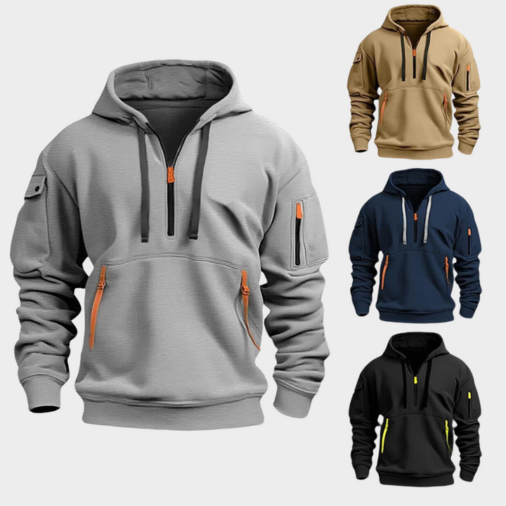 Diego men's half-zip hooded sweatshirt, ideal for sporty style, athletic comfort, and outerwear.