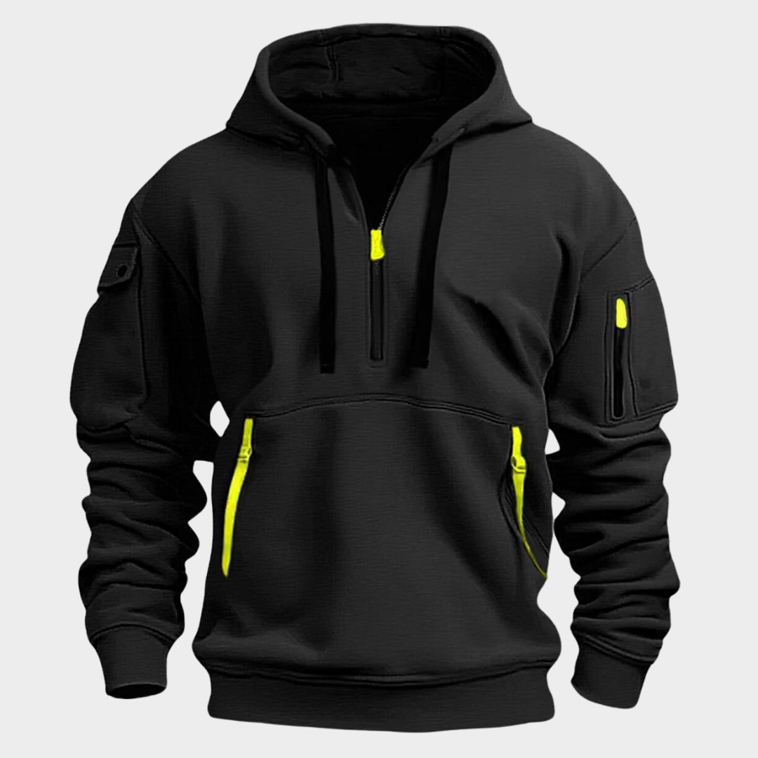 Comfortable men's half-zip pullover hoodie, excellent for casual fashion and active wear.