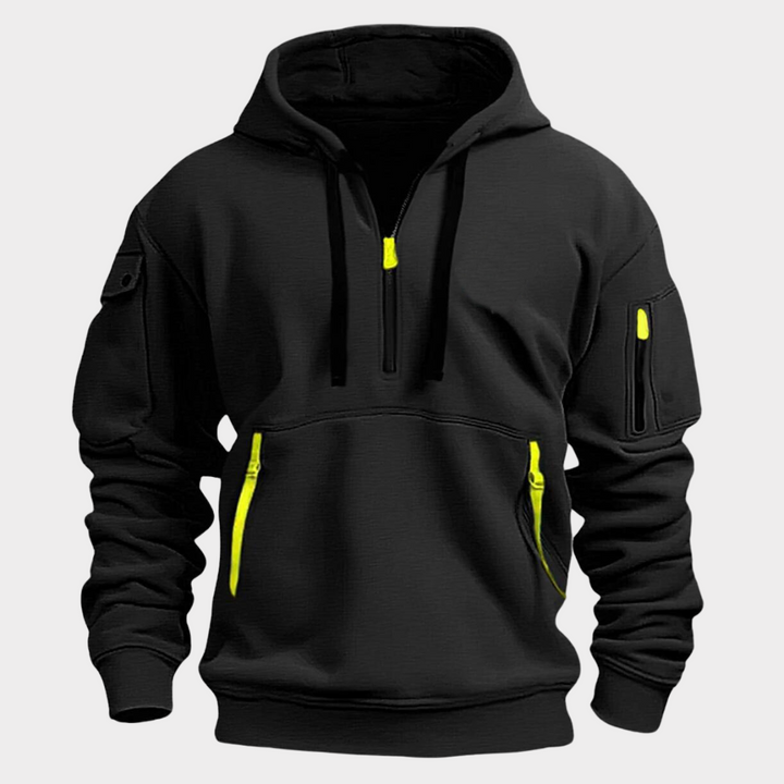 Comfortable men's half-zip pullover hoodie, excellent for casual fashion and active wear.