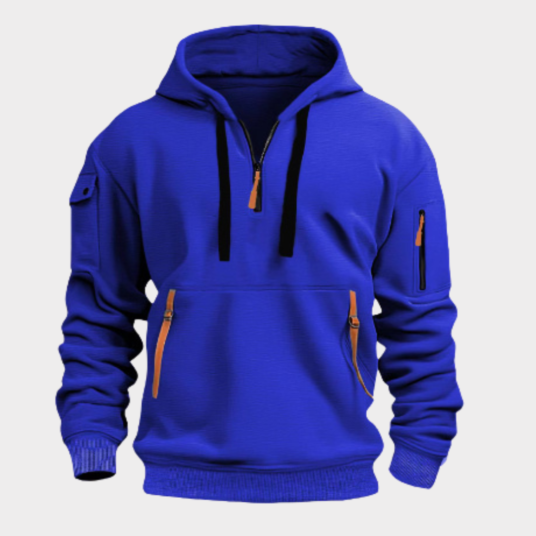Men's fashion half-zip hoodie, an essential hooded sweatshirt with an adjustable collar.
