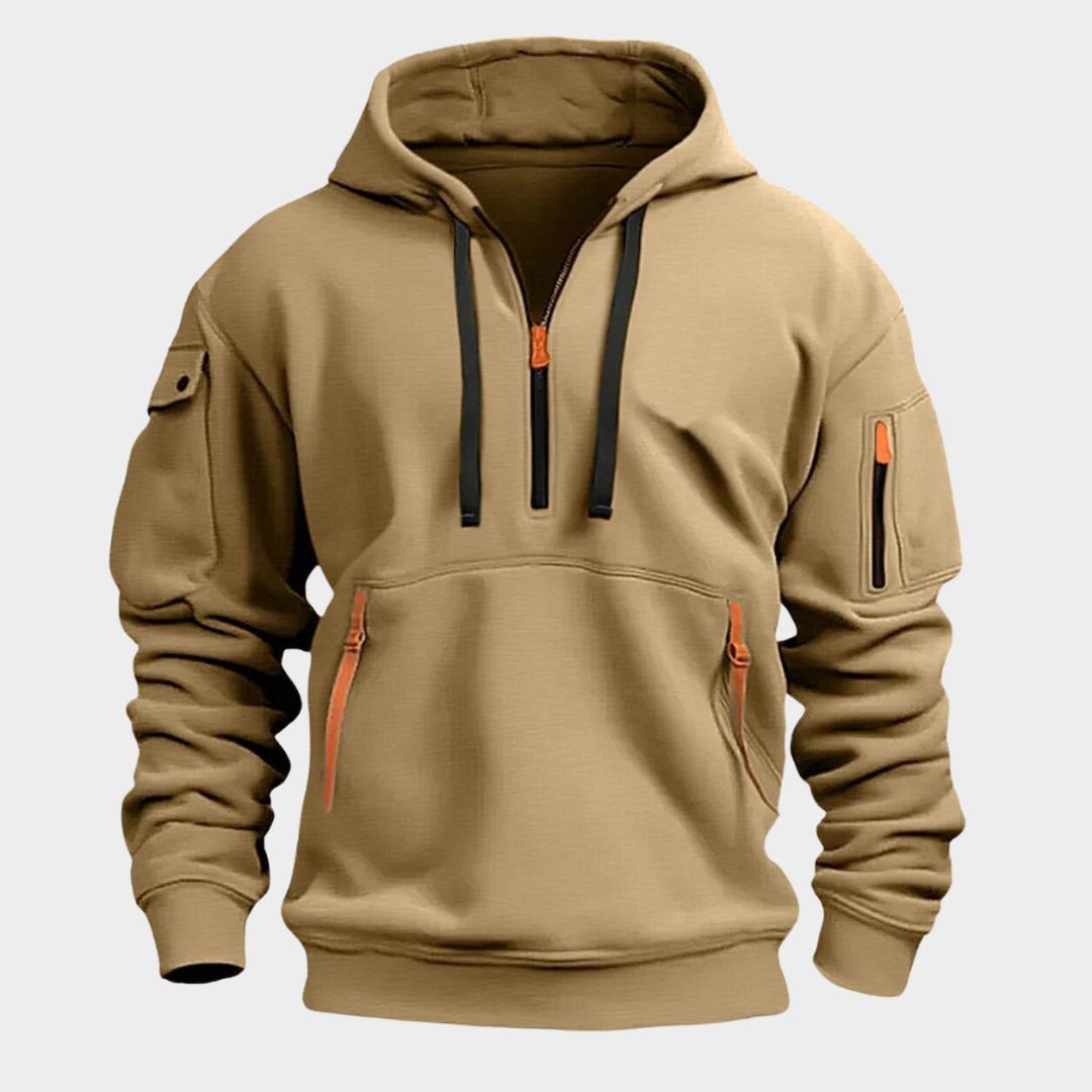 Athletic men's half-zip hoodie, a comfortable & stylish choice for active wear and outerwear.