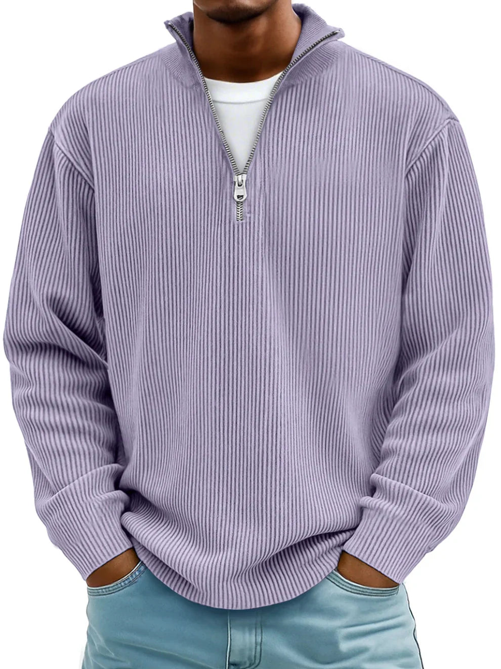 Stylish men's ribbed knit half-zip long-sleeve sweater for a cozy, comfortable fit.