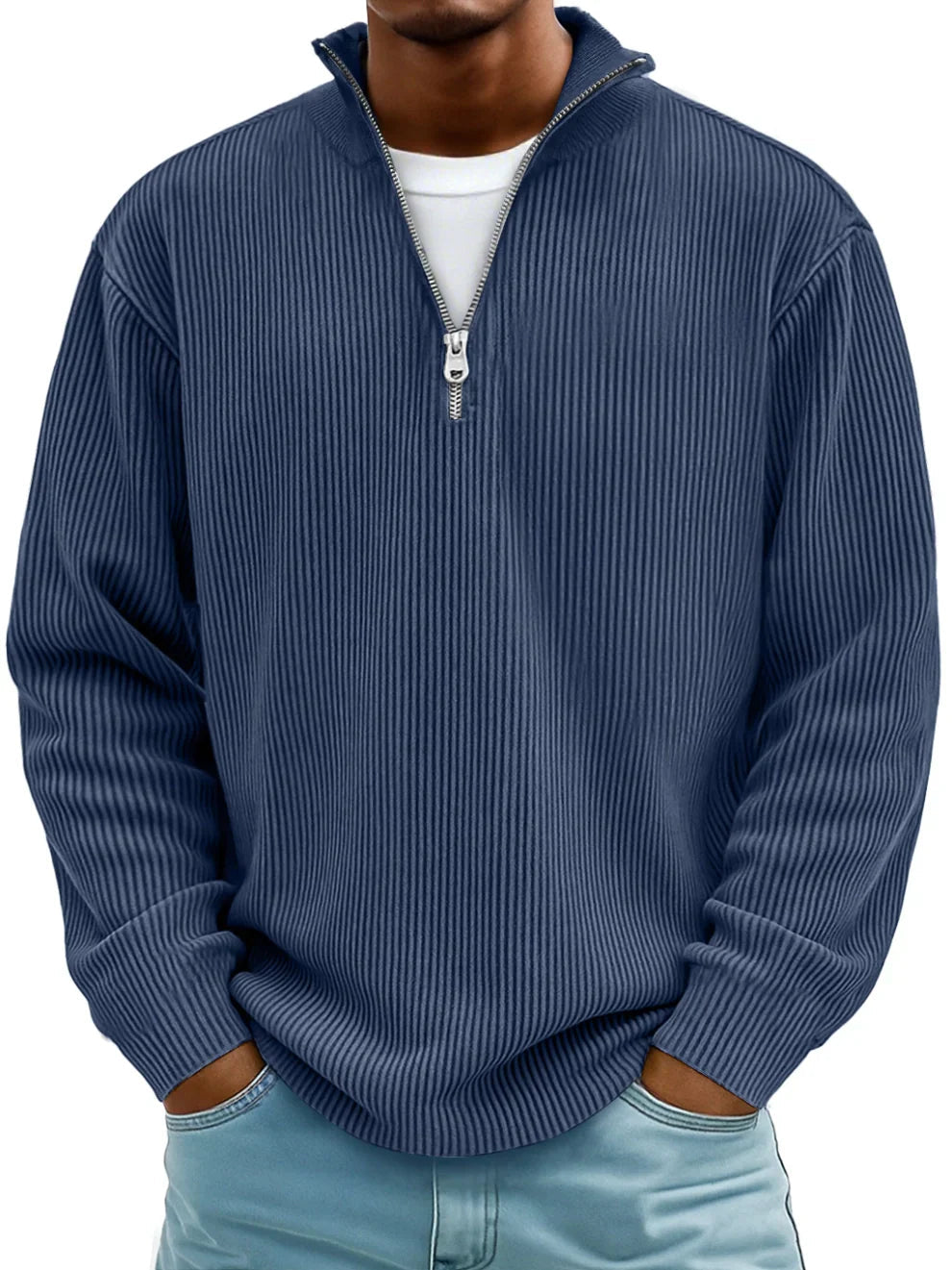 Soft ribbed knit men's half-zip sweater ensures warmth & comfort. A fall fashion staple.