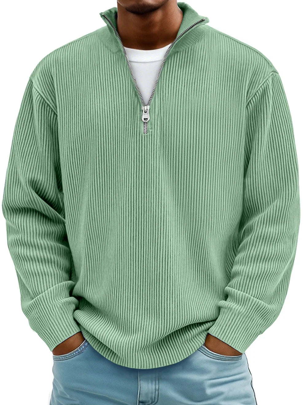Modern men's ribbed half-zip pullover. Comfortable, versatile, and essential for cooler seasons.