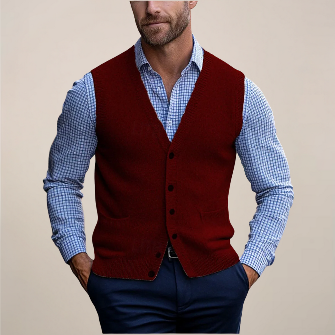 Stylish men's sleeveless knit sweater vest in a versatile shade, great for layering in spring.