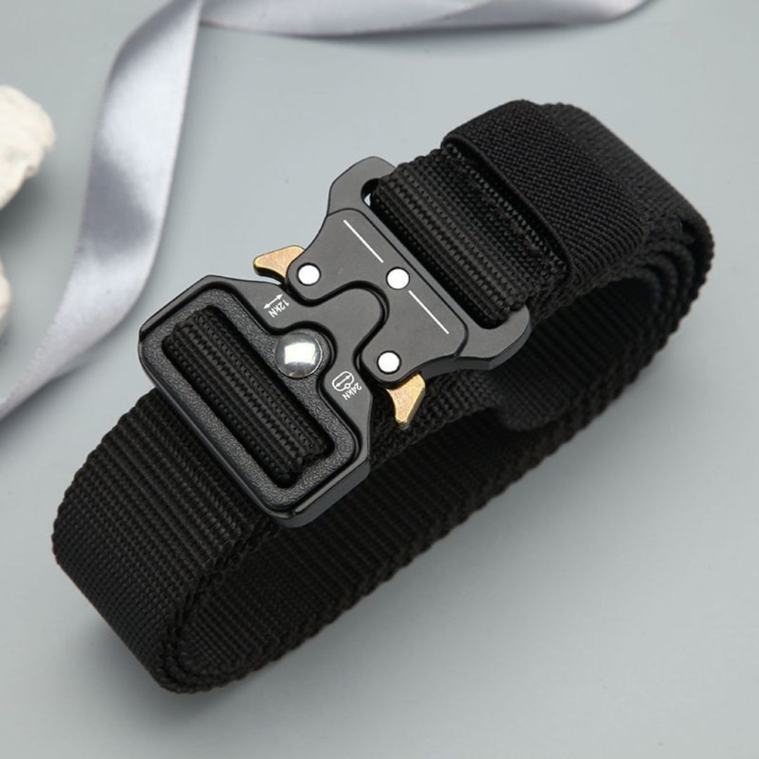 Men's heavy-duty nylon tactical belt with quick-release buckle, perfect for outdoor gear & adventure.