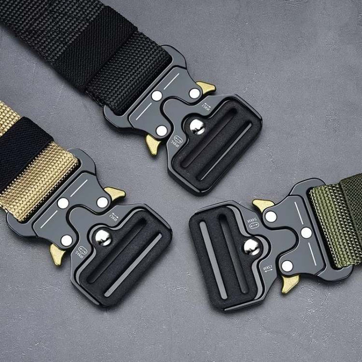 Black heavy-duty nylon tactical belt for men, built for durability & outdoor adventure gear.