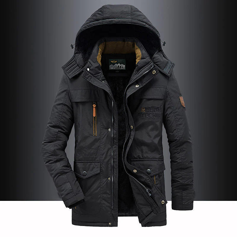 Men's heavy-duty winter parka, black, with fur-lined hood for extreme cold protection and outdoor wear.