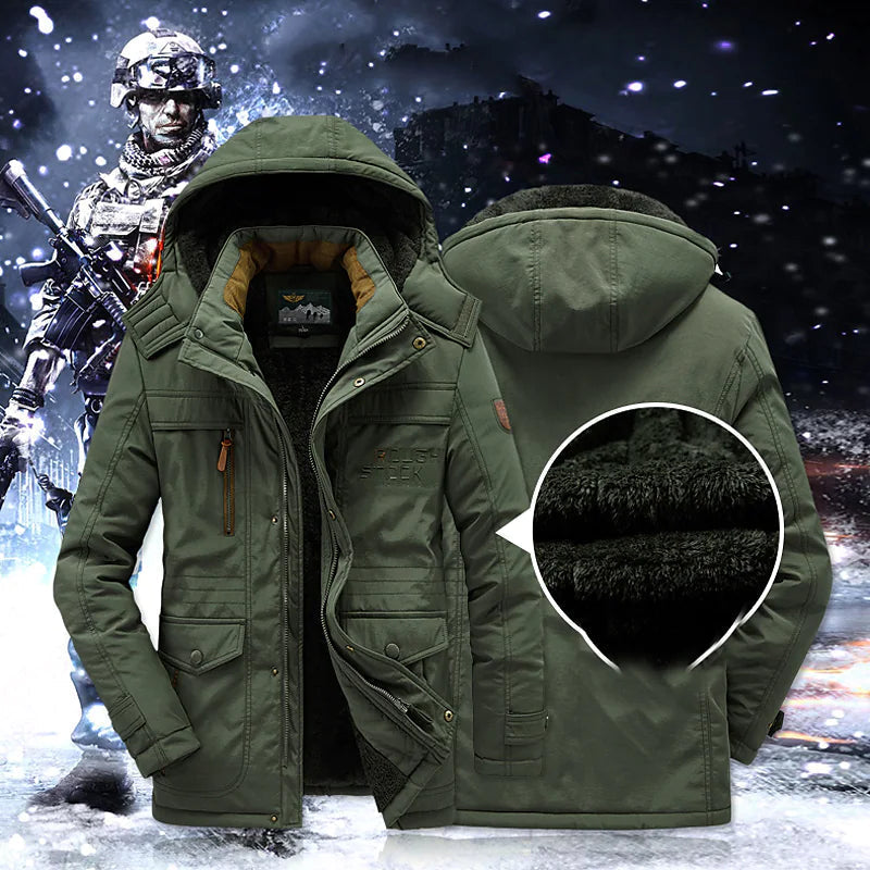 Close-up of a men's insulated winter parka, showing durable fabric and pockets, ideal for cold weather gear.