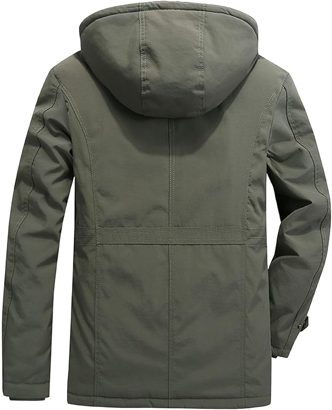 Warm men's heavy-duty winter coat with adjustable hood, extreme cold protection, essential outdoor wear.